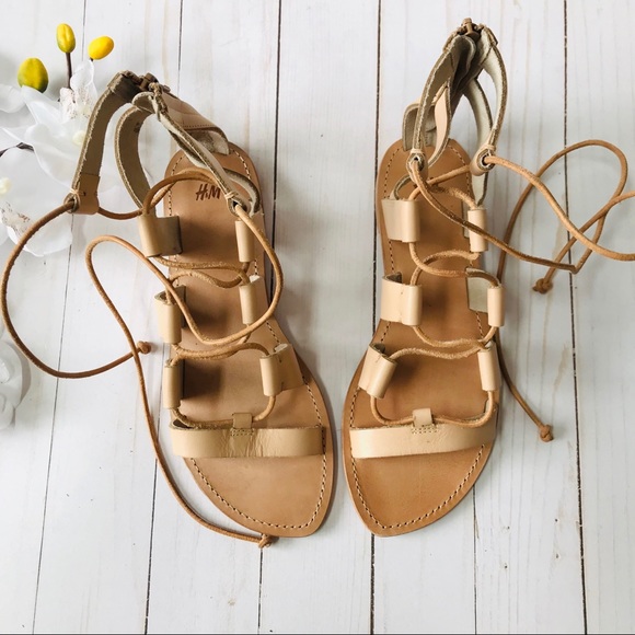 H&M Tan Genuine Leather Gladiator Lace-up Sandals Size 37 - Picture 5 of 7